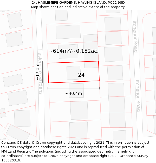 24, HASLEMERE GARDENS, HAYLING ISLAND, PO11 9SD: Plot and title map