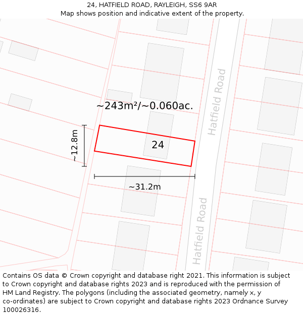 24, HATFIELD ROAD, RAYLEIGH, SS6 9AR: Plot and title map