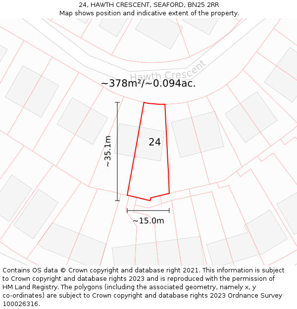 24, HAWTH CRESCENT, SEAFORD, BN25 2RR: Plot and title map