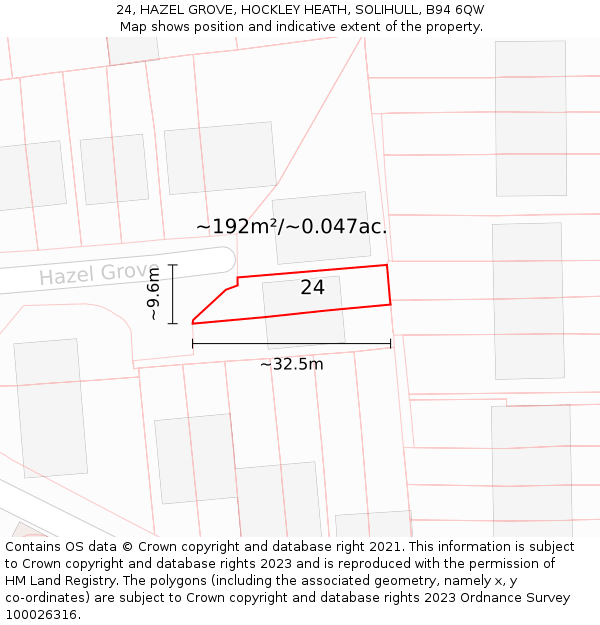24, HAZEL GROVE, HOCKLEY HEATH, SOLIHULL, B94 6QW: Plot and title map