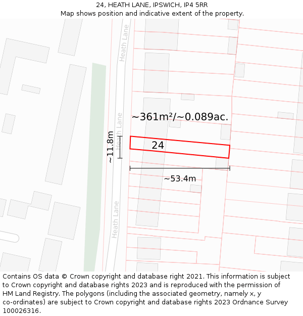 24, HEATH LANE, IPSWICH, IP4 5RR: Plot and title map