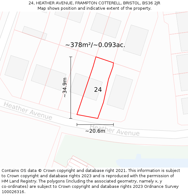 24, HEATHER AVENUE, FRAMPTON COTTERELL, BRISTOL, BS36 2JR: Plot and title map
