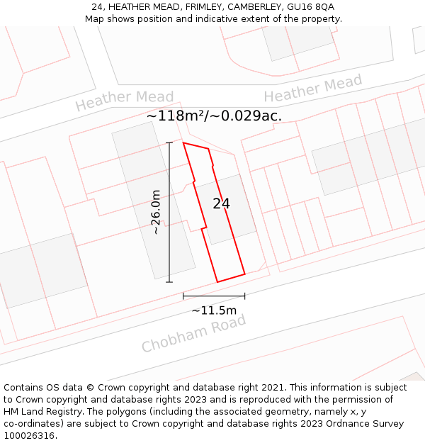 24, HEATHER MEAD, FRIMLEY, CAMBERLEY, GU16 8QA: Plot and title map