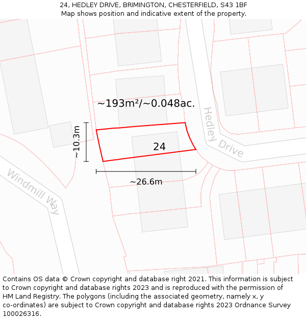 24, HEDLEY DRIVE, BRIMINGTON, CHESTERFIELD, S43 1BF: Plot and title map