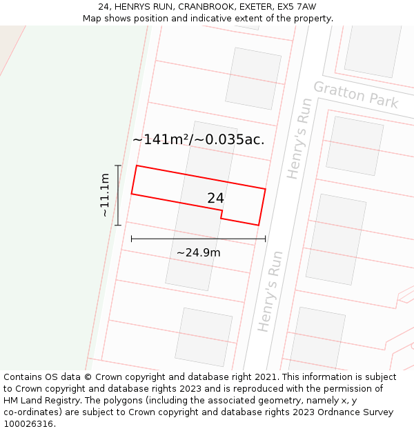 24, HENRYS RUN, CRANBROOK, EXETER, EX5 7AW: Plot and title map