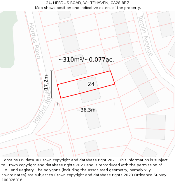24, HERDUS ROAD, WHITEHAVEN, CA28 8BZ: Plot and title map