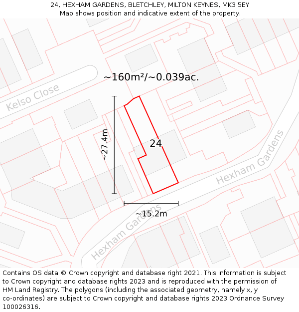 24, HEXHAM GARDENS, BLETCHLEY, MILTON KEYNES, MK3 5EY: Plot and title map