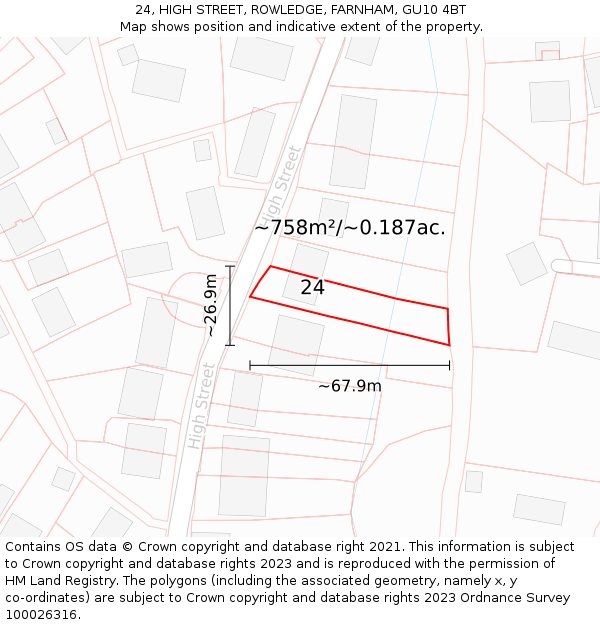 24, HIGH STREET, ROWLEDGE, FARNHAM, GU10 4BT: Plot and title map