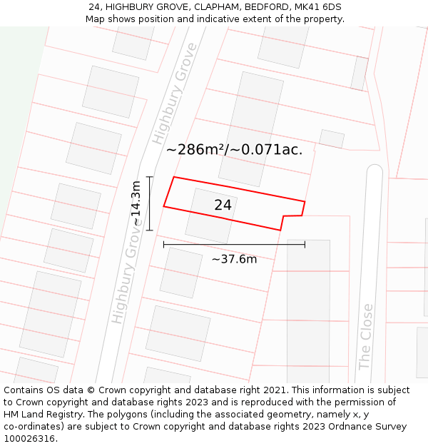 24, HIGHBURY GROVE, CLAPHAM, BEDFORD, MK41 6DS: Plot and title map