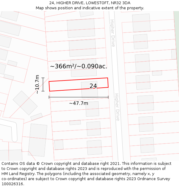 24, HIGHER DRIVE, LOWESTOFT, NR32 3DA: Plot and title map