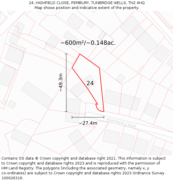 24, HIGHFIELD CLOSE, PEMBURY, TUNBRIDGE WELLS, TN2 4HQ: Plot and title map