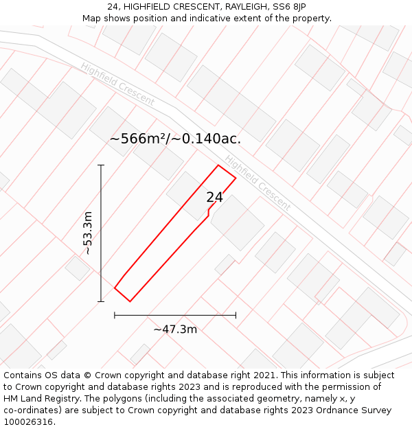 24, HIGHFIELD CRESCENT, RAYLEIGH, SS6 8JP: Plot and title map