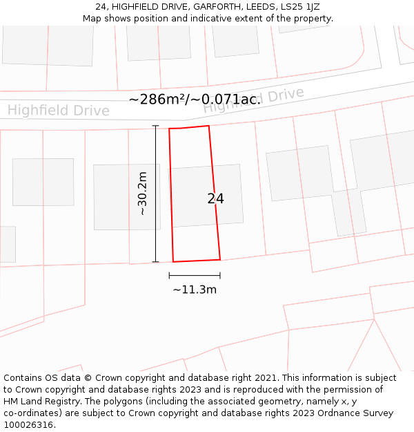 24, HIGHFIELD DRIVE, GARFORTH, LEEDS, LS25 1JZ: Plot and title map