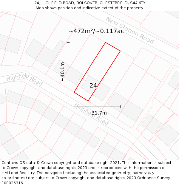 24, HIGHFIELD ROAD, BOLSOVER, CHESTERFIELD, S44 6TY: Plot and title map