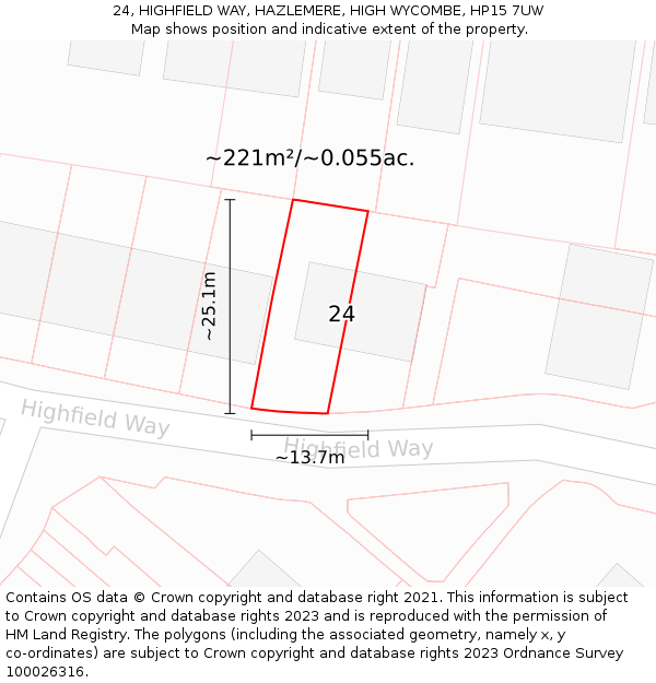 24, HIGHFIELD WAY, HAZLEMERE, HIGH WYCOMBE, HP15 7UW: Plot and title map