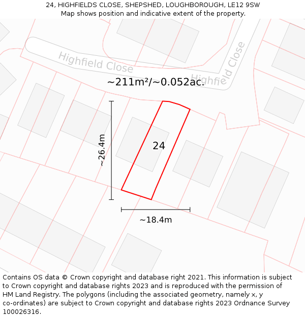 24, HIGHFIELDS CLOSE, SHEPSHED, LOUGHBOROUGH, LE12 9SW: Plot and title map