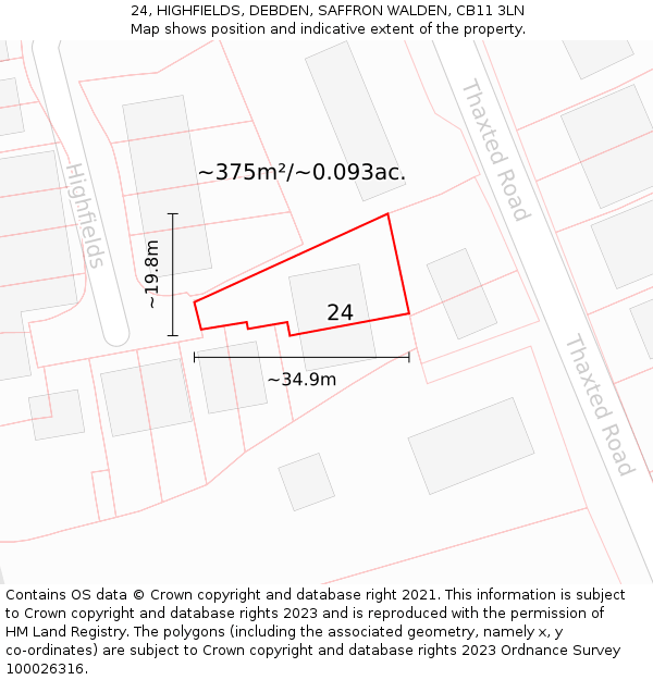 24, HIGHFIELDS, DEBDEN, SAFFRON WALDEN, CB11 3LN: Plot and title map