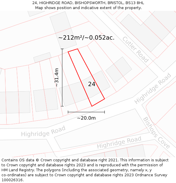 24, HIGHRIDGE ROAD, BISHOPSWORTH, BRISTOL, BS13 8HL: Plot and title map