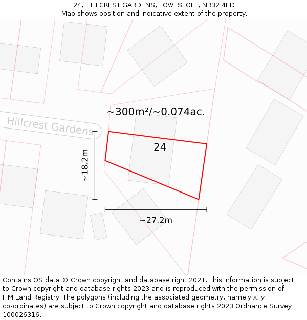 24, HILLCREST GARDENS, LOWESTOFT, NR32 4ED: Plot and title map