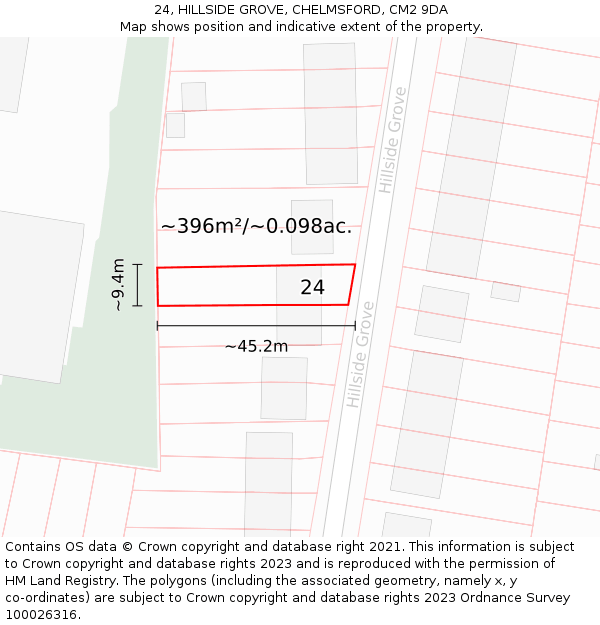 24, HILLSIDE GROVE, CHELMSFORD, CM2 9DA: Plot and title map