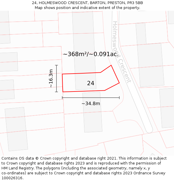 24, HOLMESWOOD CRESCENT, BARTON, PRESTON, PR3 5BB: Plot and title map