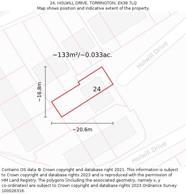 24, HOLWILL DRIVE, TORRINGTON, EX38 7LQ: Plot and title map