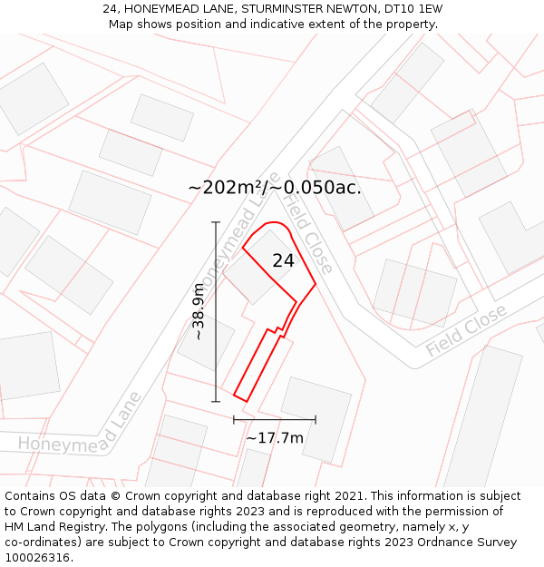 24, HONEYMEAD LANE, STURMINSTER NEWTON, DT10 1EW: Plot and title map