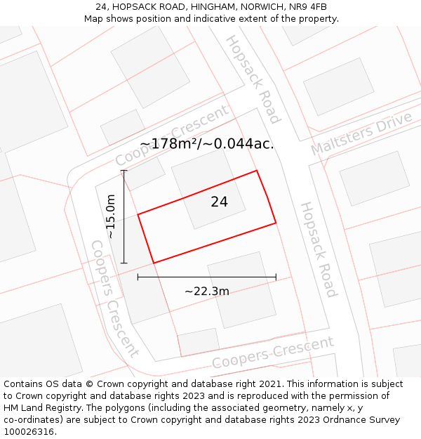 24, HOPSACK ROAD, HINGHAM, NORWICH, NR9 4FB: Plot and title map