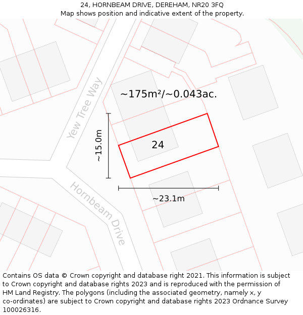 24, HORNBEAM DRIVE, DEREHAM, NR20 3FQ: Plot and title map