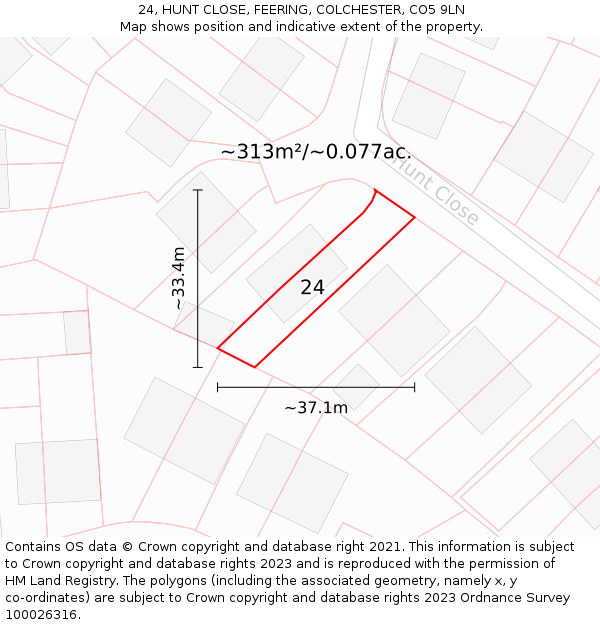 24, HUNT CLOSE, FEERING, COLCHESTER, CO5 9LN: Plot and title map