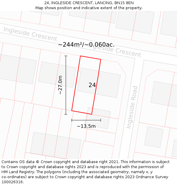 24, INGLESIDE CRESCENT, LANCING, BN15 8EN: Plot and title map