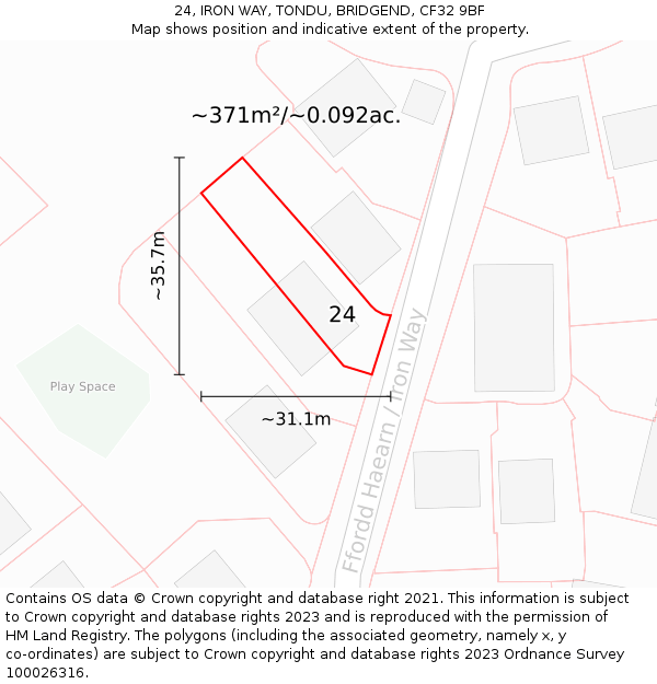 24, IRON WAY, TONDU, BRIDGEND, CF32 9BF: Plot and title map