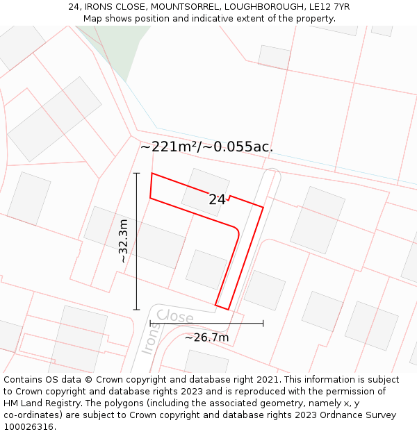 24, IRONS CLOSE, MOUNTSORREL, LOUGHBOROUGH, LE12 7YR: Plot and title map
