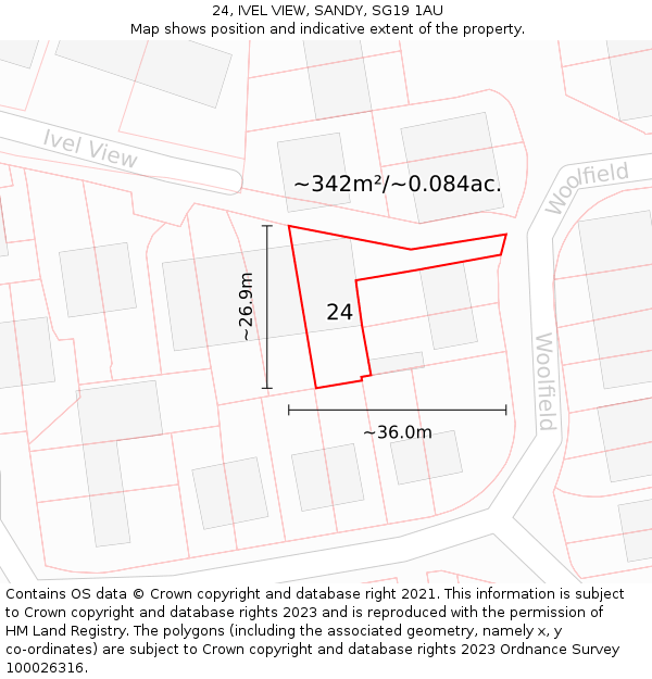 24, IVEL VIEW, SANDY, SG19 1AU: Plot and title map