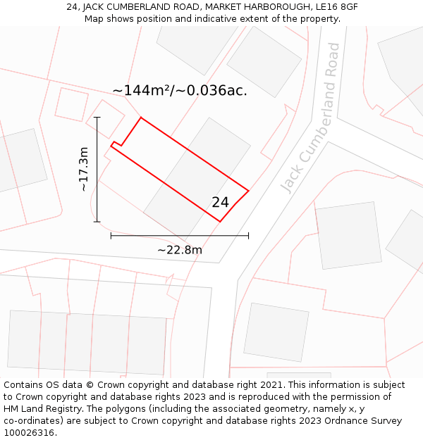 24, JACK CUMBERLAND ROAD, MARKET HARBOROUGH, LE16 8GF: Plot and title map