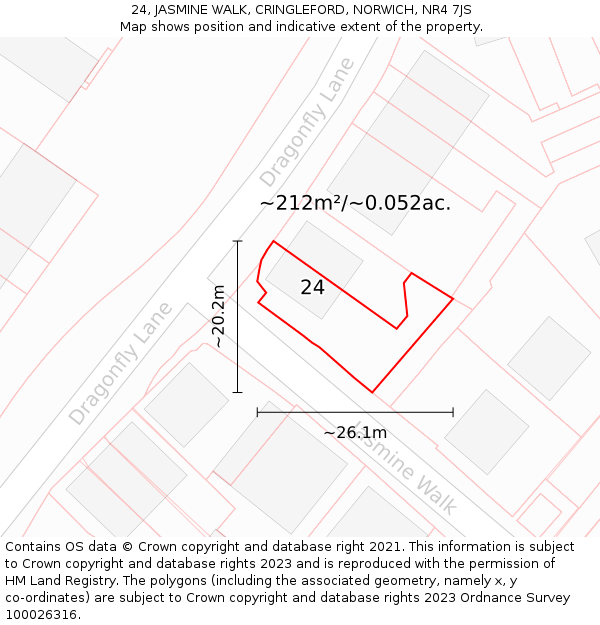 24, JASMINE WALK, CRINGLEFORD, NORWICH, NR4 7JS: Plot and title map