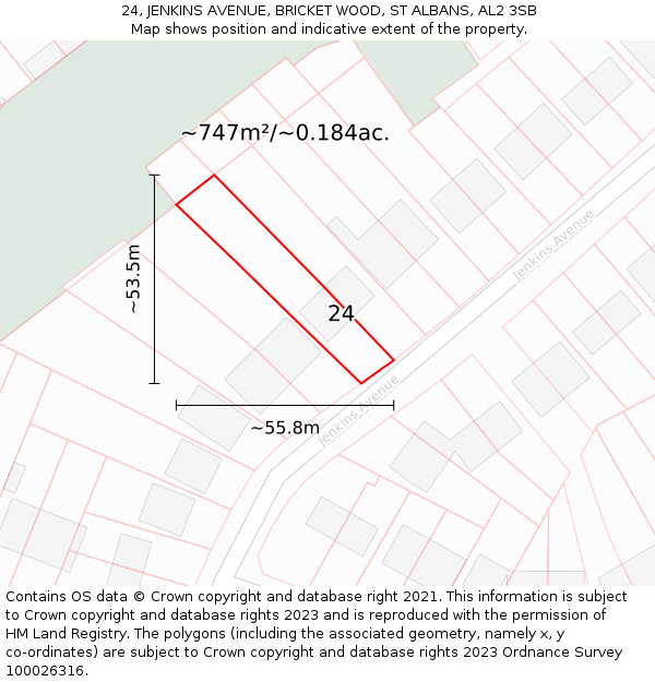 24, JENKINS AVENUE, BRICKET WOOD, ST ALBANS, AL2 3SB: Plot and title map