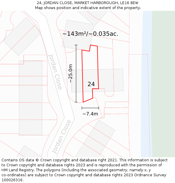 24, JORDAN CLOSE, MARKET HARBOROUGH, LE16 8EW: Plot and title map