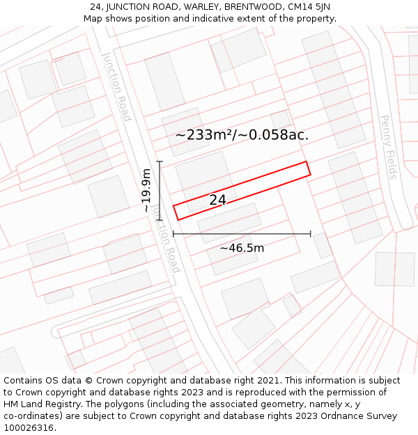 24, JUNCTION ROAD, WARLEY, BRENTWOOD, CM14 5JN: Plot and title map
