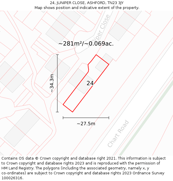 24, JUNIPER CLOSE, ASHFORD, TN23 3JY: Plot and title map