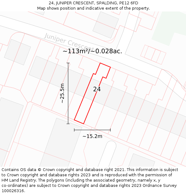 24, JUNIPER CRESCENT, SPALDING, PE12 6FD: Plot and title map