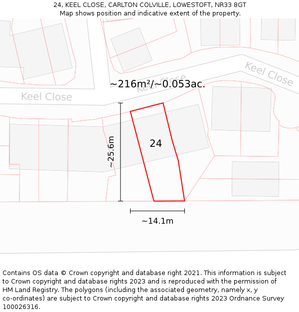 24, KEEL CLOSE, CARLTON COLVILLE, LOWESTOFT, NR33 8GT: Plot and title map