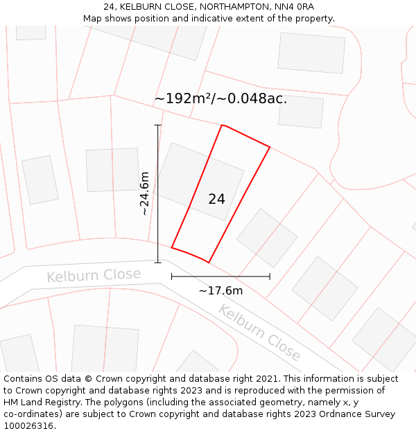 24, KELBURN CLOSE, NORTHAMPTON, NN4 0RA: Plot and title map