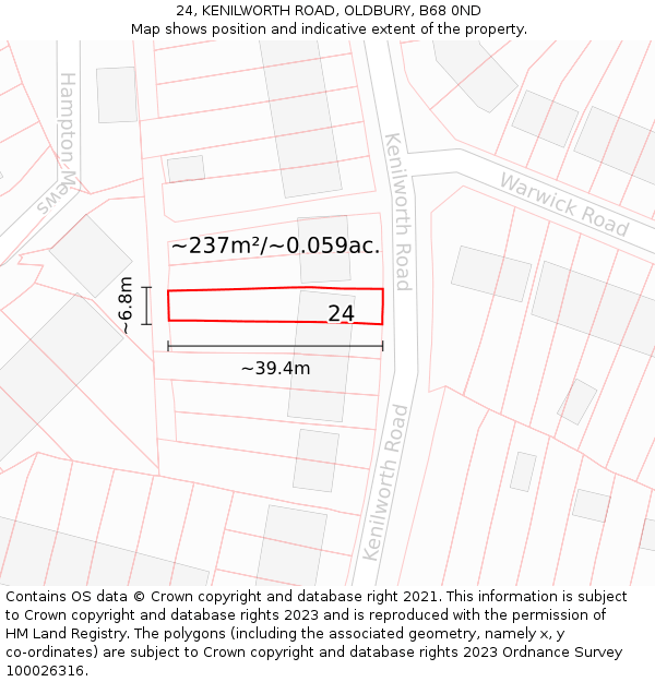 24, KENILWORTH ROAD, OLDBURY, B68 0ND: Plot and title map