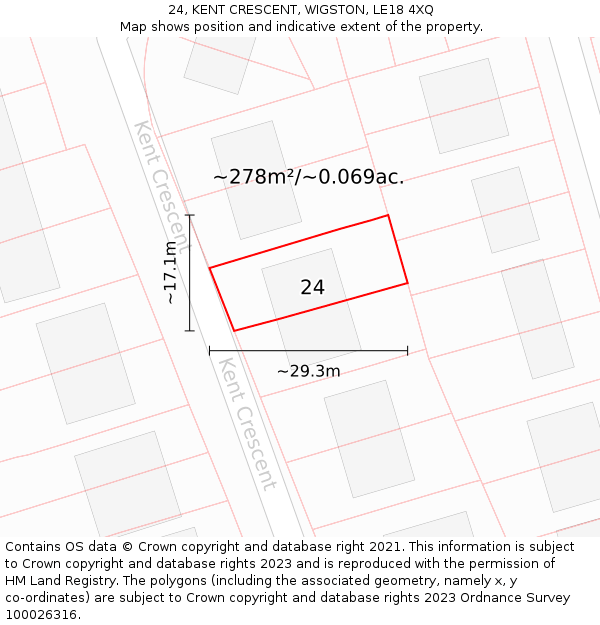 24, KENT CRESCENT, WIGSTON, LE18 4XQ: Plot and title map