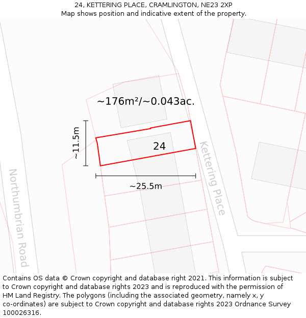 24, KETTERING PLACE, CRAMLINGTON, NE23 2XP: Plot and title map