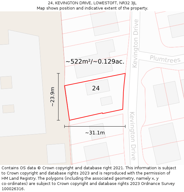 24, KEVINGTON DRIVE, LOWESTOFT, NR32 3JL: Plot and title map