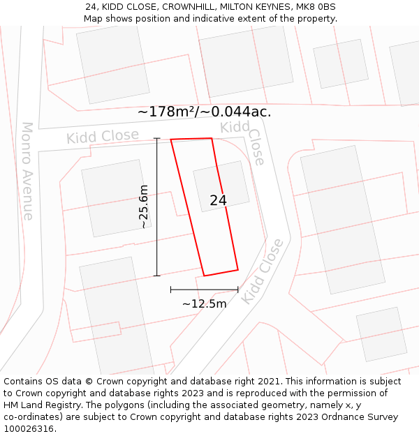 24, KIDD CLOSE, CROWNHILL, MILTON KEYNES, MK8 0BS: Plot and title map
