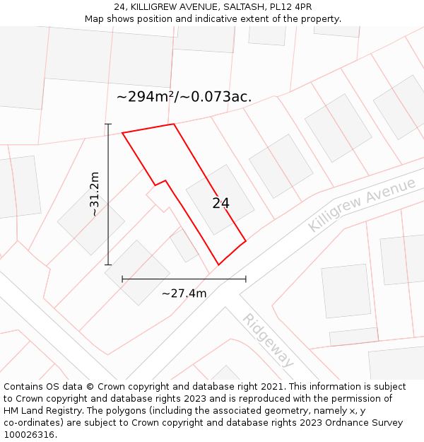 24, KILLIGREW AVENUE, SALTASH, PL12 4PR: Plot and title map