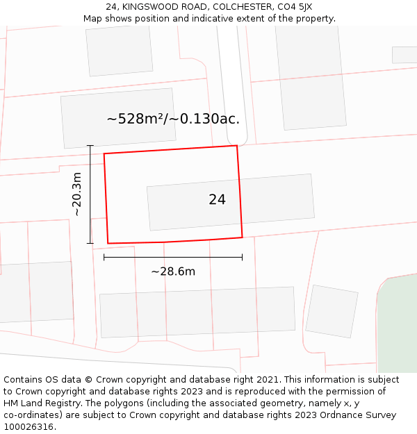 24, KINGSWOOD ROAD, COLCHESTER, CO4 5JX: Plot and title map